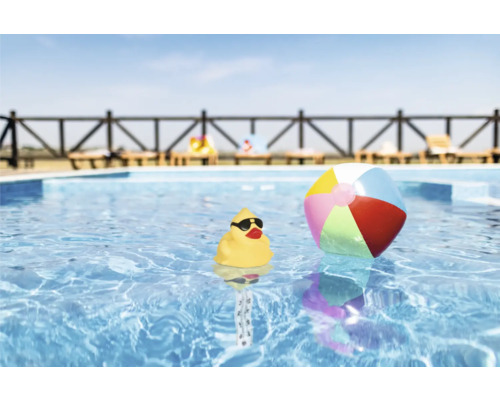 Szene mit einem gelben Quietscheentchen mit Sonnenbrille und einem bunten Ball in einem Swimmingpool