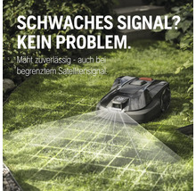 Husqvarna Mähroboter auf Rasen mit Text über schwaches Signal