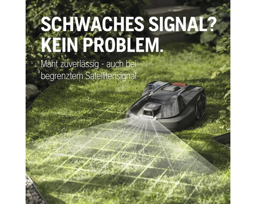 Husqvarna Mähroboter auf Rasen mit Text über schwaches Signal