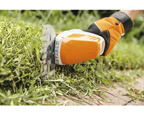 Akku-Grasschere im Einsatz beim Grasschneiden