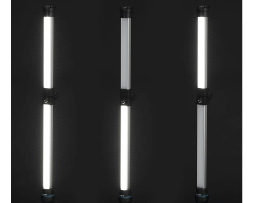 LED-Arbeitsleuchte mit zwei Segmenten, verschiedene Lichtmodi: beide Segmente an, unteres Segment an, oberes Segment an.