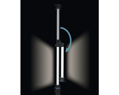 LED-Arbeitsleuchte mit um 180 Grad klappbarem und ausziehbarem Kopf sowie seitlichem Licht.