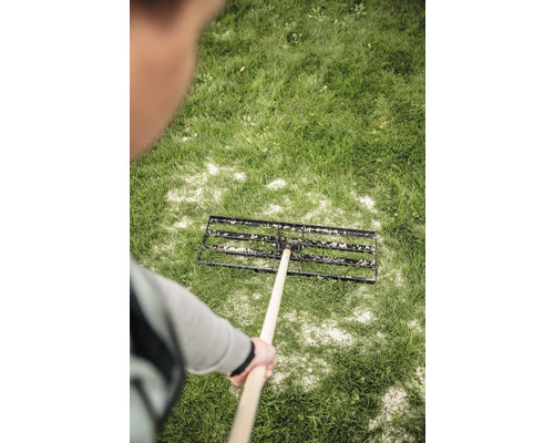 Eine Person verteilt Rasendünger mit einem Rasenstreuer auf einer Rasenfläche.