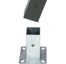 Quadratische Pfostenkonsole aus verzinktem Metall mit passendem anthrazitfarbenem Metallpfosten für die Zaunmontage.
