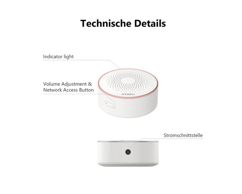 IMOU Alarmsensor mit Anzeigeleuchte, Lautstärkeregelung, Netzwerkzugriffstaste und Stromanschluss