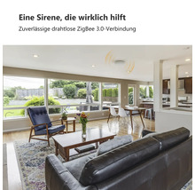 Wohnzimmer mit installierter Sirene mit drahtloser ZigBee 3.0 Verbindung