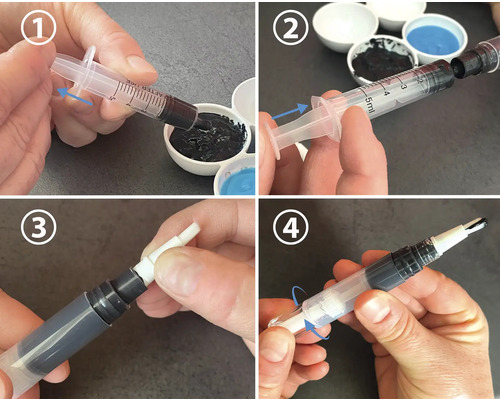 Bilderreihe zur Befüllung eines leeren Pinsels mit schwarzer Farbe mithilfe einer Spritze