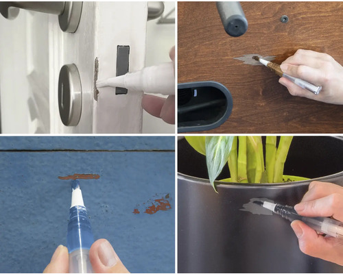 Anwendung eines Reparaturstifts auf verschiedenen Oberflächen zur Ausbesserung von Beschädigungen