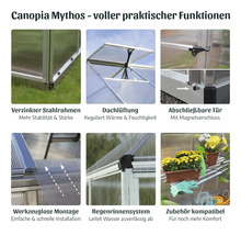 Canopia Mythos Gewächshaus Details: verzinkter Stahlrahmen, Dachlüftung, abschließbare Tür mit Magnetverschluss, werkzeuglose Montage, Regenrinnensystem, Zubehörkompatibilität