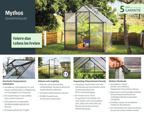 Mythos Gewächshaus mit fünf Jahre Garantie, robustem Aluminiumrahmen, Lüftungsfenster, Doppelsteg Polycarbonat Paneele und abschließbarem Türgriff