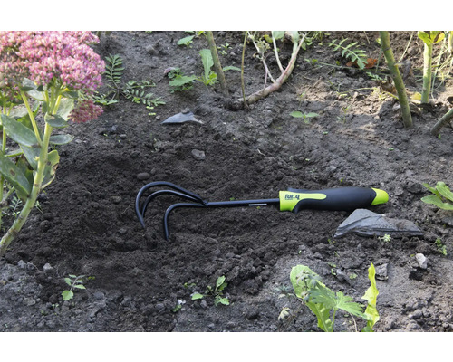 Gartenharke im Erdreich neben einer Blume