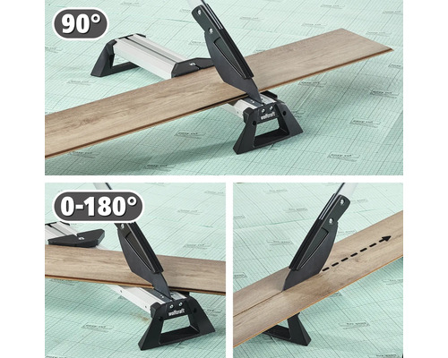 Wolfcraft Laminatschneider führt 90 Grad Schnitte, Winkelschnitte von 0 bis 180 Grad sowie Längsschnitte an Laminat aus.