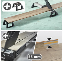 Wolfcraft Laminatschneider beim Schneiden eines Bodenpaneels mit Materialstützen, maximale Schnitthöhe 55 Millimeter.