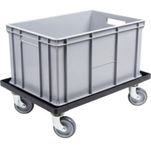 Grauer Eurobehälter aus Kunststoff auf einem schwarzen Transportroller mit vier Lenkrollen.