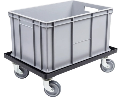 Grauer Eurobehälter aus Kunststoff auf einem schwarzen Transportroller mit vier Lenkrollen.