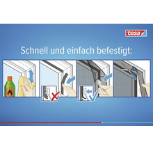 tesa Logo. Montageanleitung: Rahmen reinigen, Klebeband anbringen, Gitter mit Andrückhilfe korrekt befestigen, Überstand zuschneiden.