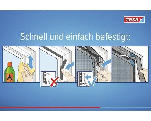 tesa Logo. Montageanleitung: Rahmen reinigen, Klebeband anbringen, Gitter mit Andrückhilfe korrekt befestigen, Überstand zuschneiden.