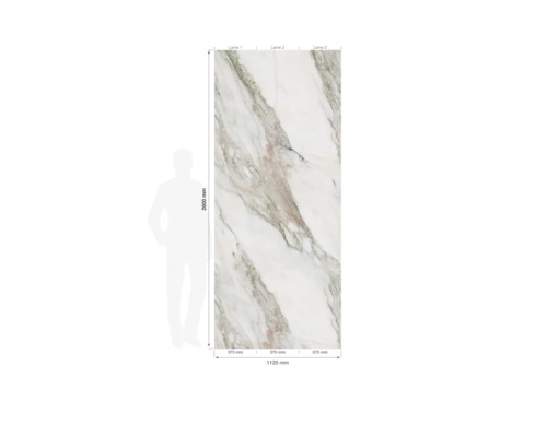 Dreiteiliges Wandpaneel in Marmoroptik, 2600 mal 1125 Millimeter, Maßskizze mit Personensilhouette zum Größenvergleich.