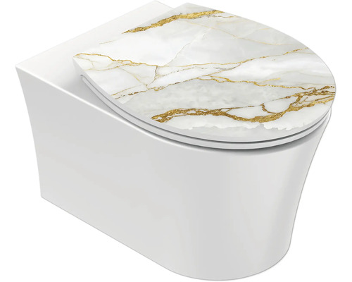 Wand-WC mit WC-Sitz in Marmor-Optik Weiß und Gold.