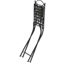 Klappbarer Gartenstuhl aus schwarzem Metall mit Mosaik-Sitzfläche, zusammengeklappt.