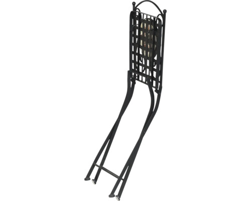 Klappbarer Gartenstuhl aus schwarzem Metall mit Mosaik-Sitzfläche, zusammengeklappt.