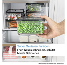Hand hält Gefrierdose mit Erbsen vor einem BigBox Gefrierfach eines Kühlschranks mit Super Gefrieren Funktion.