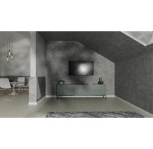 Modernes Wohnzimmer mit Wänden in Betonoptik, einem grauen Sideboard unter dem TV und einem Essbereich im Hintergrund.