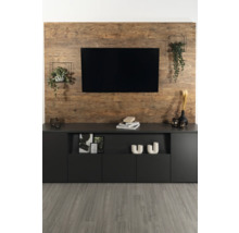 Modern gestaltetes Wohnzimmer mit wandmontiertem Fernseher auf rustikaler Holzpaneelwand, Sideboard, Pflanzen und Bodenbelag in Holzoptik.