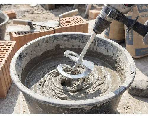 Ein Rührwerk an einer Bohrmaschine mischt grauen Mörtel in einem Baueimer auf einer Baustelle mit Ziegeln und Maurerkellen.