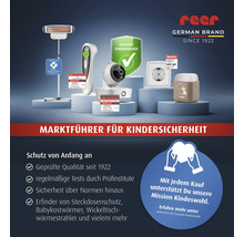 reer Logo. Verschiedene Kindersicherheitsprodukte wie Wickeltischstrahler, Babyphone und Thermometer mit Qualitätssiegeln als Marktführer für Kindersicherheit.