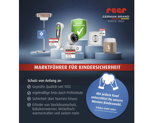 reer Logo und Kindersicherheitsprodukte: Wickeltisch-Wärmestrahler, Babykamera, Thermometer, Steckdosenschutz und Nachtlicht mit Prüfsiegeln.