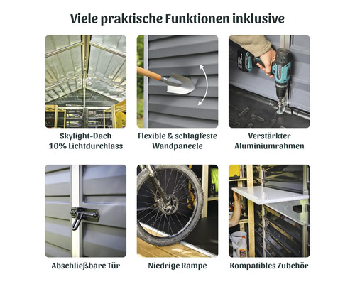 Gartenhaus-Funktionen: Skylight-Dach mit Lichtdurchlass, flexible Wandpaneele, Aluminiumrahmen, abschließbare Tür, niedrige Rampe und Zubehör.