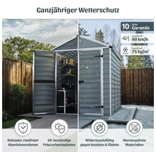 Gartenhaus aus Polycarbonat, Aluminiumrahmen, 10 Jahre Garantie, windfest bis 90 Kilometer pro Stunde, Schneelast 75 Kilogramm pro Quadratmeter.