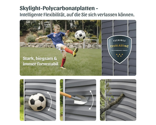 Ein Junge spielt Fußball vor einer Wand aus flexiblen Polycarbonatplatten. Illustrationen zeigen die Schlagfestigkeit gegen Ball, Schaufel und Ast.