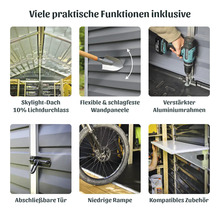 Gartenhaus-Funktionen: Skylight-Dach mit Lichtdurchlass, flexible Wandpaneele, Aluminiumrahmen, abschließbare Tür, niedrige Rampe und Zubehör.