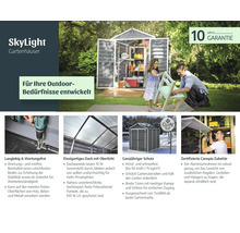 Helles SkyLight Gerätehaus aus Polycarbonat im Garten, Details zu lichtdurchlässigem Dach, Bodenmontage, 10 Jahre Garantie und Regal-Zubehör.