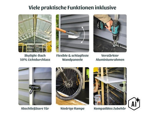 Funktionen eines Gartenhauses: Lichtdach, flexible Wandpaneele, Aluminiumrahmen, abschließbare Tür, niedrige Rampe und kompatibles Zubehör. (Image AI modified or generated)