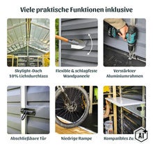 Funktionen eines Gartenhauses: Lichtdach, flexible Wandpaneele, Aluminiumrahmen, abschließbare Tür, niedrige Rampe und kompatibles Zubehör. (Image AI modified or generated)