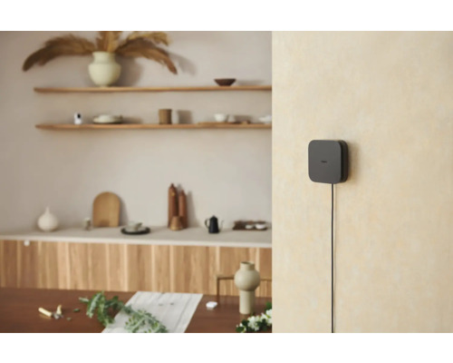Schwarzer Smart Home Hub an einer hellen Wand in einer modern eingerichteten, hellen Wohnumgebung mit Holzregalen und Dekoration.