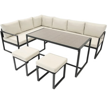 Garten-Lounge-Set bestehend aus Ecksofa mit Polstern, zwei Hockern mit Polstern und einem hohen Esstisch mit Tischplatte in Steinoptik.