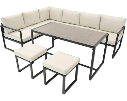 Garten-Lounge-Set bestehend aus Ecksofa, Esstisch und zwei Hockern mit schwarzem Metallgestell und hellen Polstern