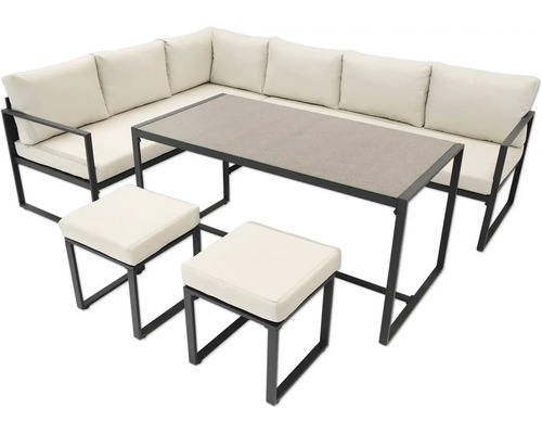 Gartenmöbel-Set mit Ecksofa, Esstisch und zwei Hockern, hellen Polstern und dunklem Metallgestell.