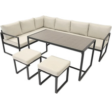 Gartenmöbel-Set mit L-förmigem Ecksofa, rechteckigem Esstisch und zwei Hockern, dunkles Metallgestell und helle Polster.