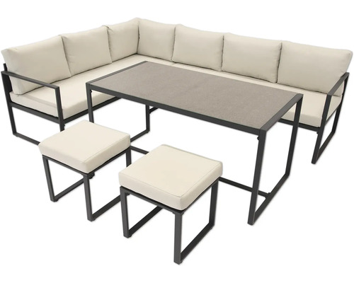 Gartenmöbel-Set mit L-förmigem Ecksofa, rechteckigem Esstisch und zwei Hockern, dunkles Metallgestell und helle Polster.