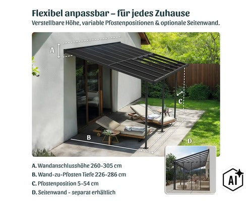 Terrassenüberdachung mit verstellbarer Höhe und variabler Pfostenposition sowie optionaler Seitenwand für den Garten. (Image AI modified or generated)