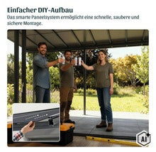 Drei Personen stoßen unter einer Terrassenüberdachung an, mit Detailansicht der Paneelmontage für einfache Montage des Terrassendachsystems. (Image AI modified or generated)