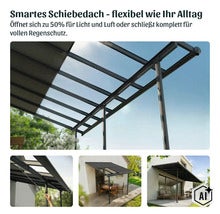 Terrassenüberdachung mit smartem Schiebedach aus Metall und Kunststoff zur flexiblen Öffnung für mehr Licht oder Regenschutz auf der Terrasse. (Image AI modified or generated)
