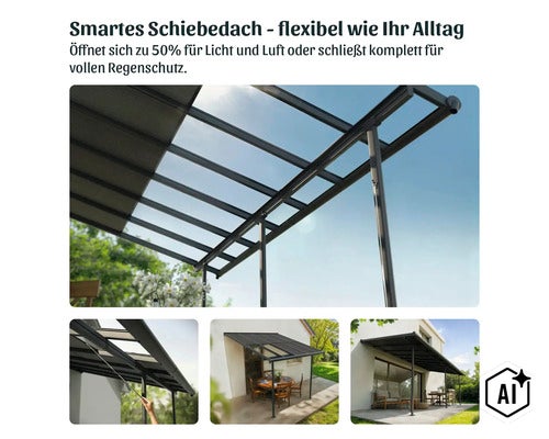 Terrassenüberdachung mit smartem Schiebedach aus Metall und Kunststoff zur flexiblen Öffnung für mehr Licht oder Regenschutz auf der Terrasse. (Image AI modified or generated)