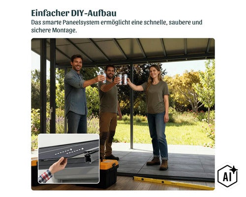 Drei Personen stoßen unter einer Terrassenüberdachung an, mit Detailansicht der Paneelmontage für einfache Montage des Terrassendachsystems. (Image AI modified or generated)