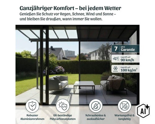 Terrassenüberdachung mit Aluminiumrahmen und Polycarbonatplatten für ganzjährigen Wetterschutz mit Garantie und hoher Wind- und Schneelast. (Image AI modified or generated)